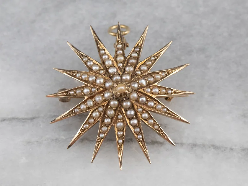 Elegant Brooch with Diamonds-Victorian Seed Pearl Starburst Brooch Pendant