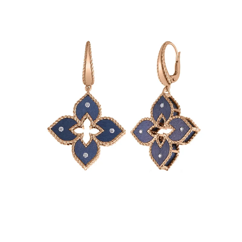 Sapphire Earrings-18K Rose Gold Small Blue Titanium and Diamond Flower Dangle Earrings