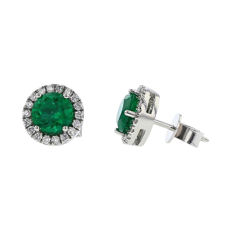 Hoop Earrings-Zambian Emerald and Diamond Halo Stud Earrings