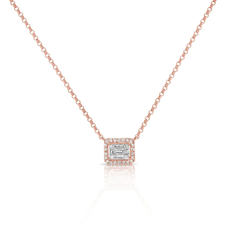 Classic Necklaces-14K Rose Gold Round+Baguette Cluster Necklace