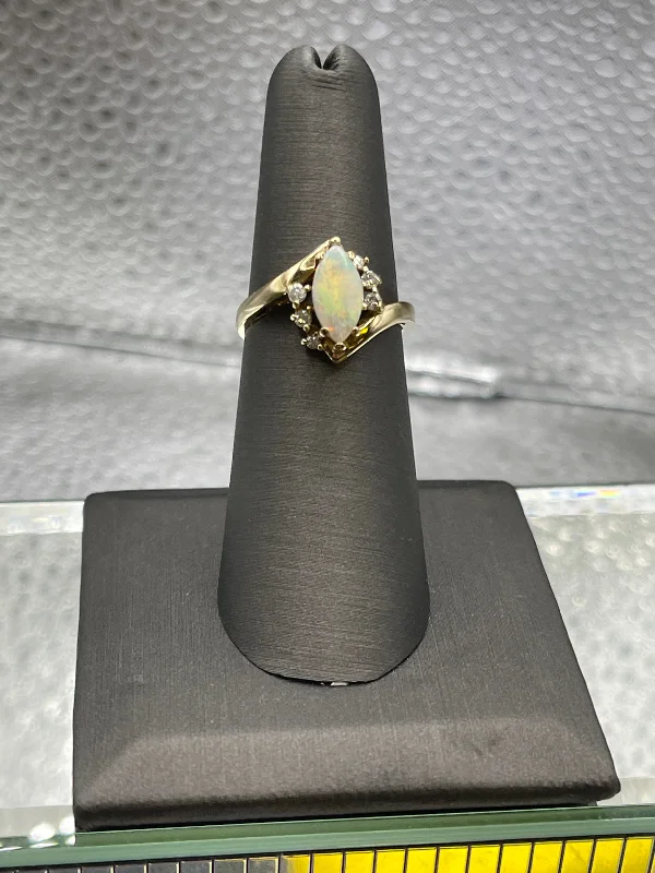 Vintage Gemstone Rings-Ladies Lovely 14 Karat Yellow Gold Opal & Diamond Ring