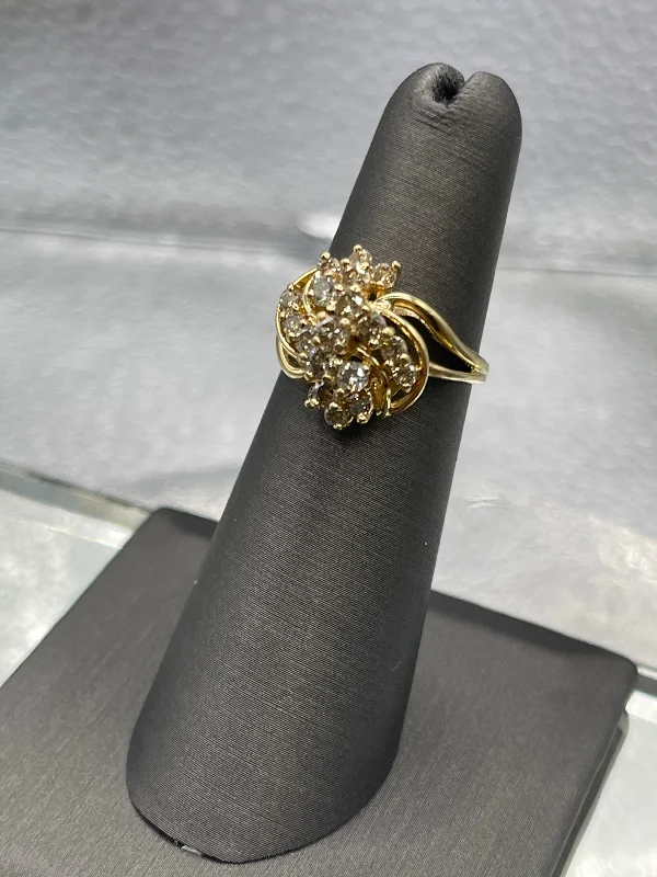 Ruby Rings-Ladies Gorgeous 14 Karat Yellow Gold Diamond Swirl Floral Cluster Ring