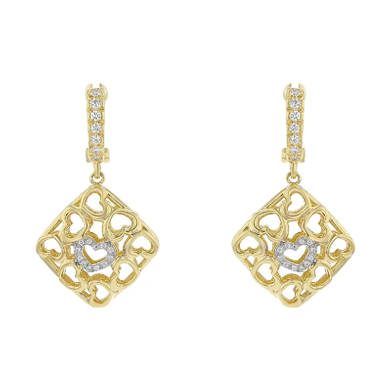 Gold Filigree Earrings-18K Yellow Gold Tiny Hearts Diamond Dangle Leverback Earrings