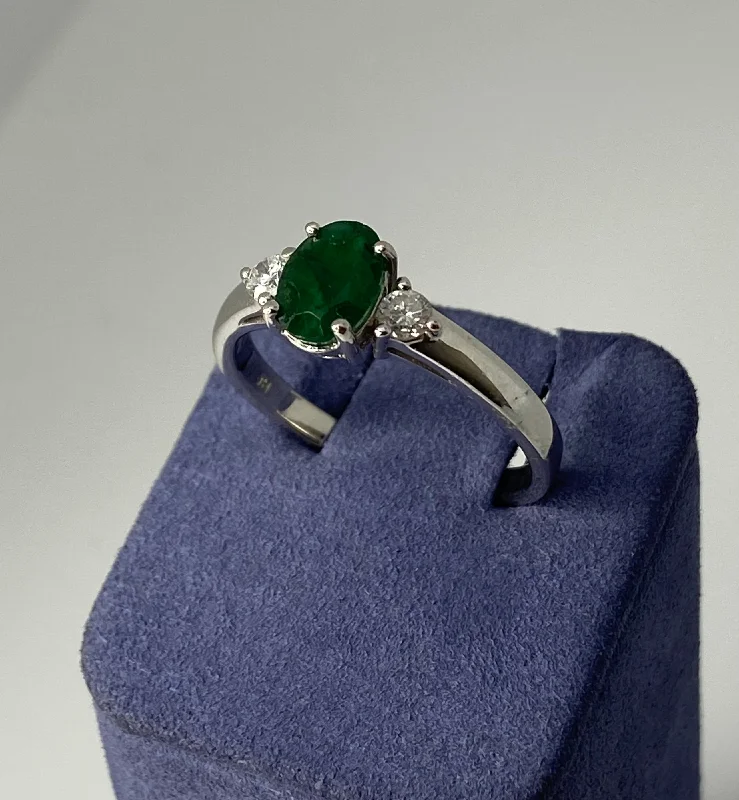 Custom Gold Rings-White Gold Oval Shape Natural Emerald and Diamond Ring