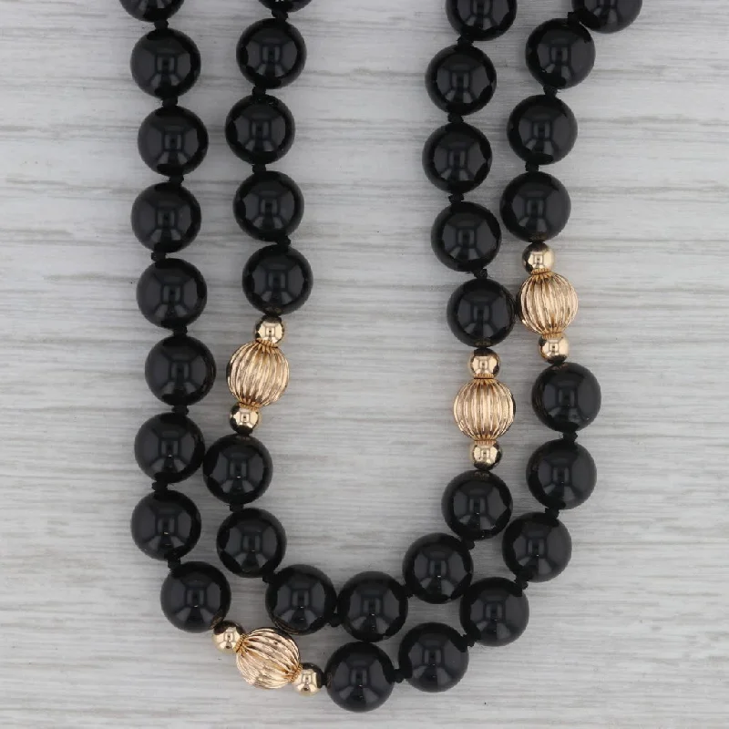 Luxury Gold Necklaces-Vintage Black Onyx Agate Double Bead Strand Necklace 14k Gold 29" Long Statement