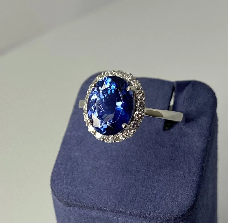 Two-Stone Rings-White Gold Oval-Shape Natural Tanzanite and Diamond Ring