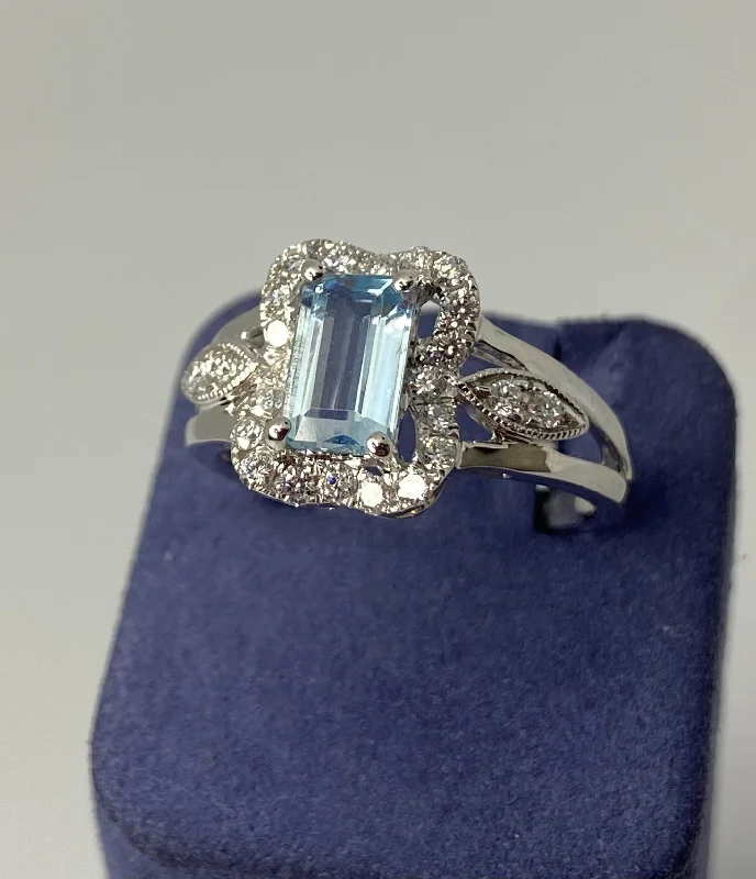 Round Cut Rings-White Gold Emerald-Cut Natural Aquamarine and Diamond Ring