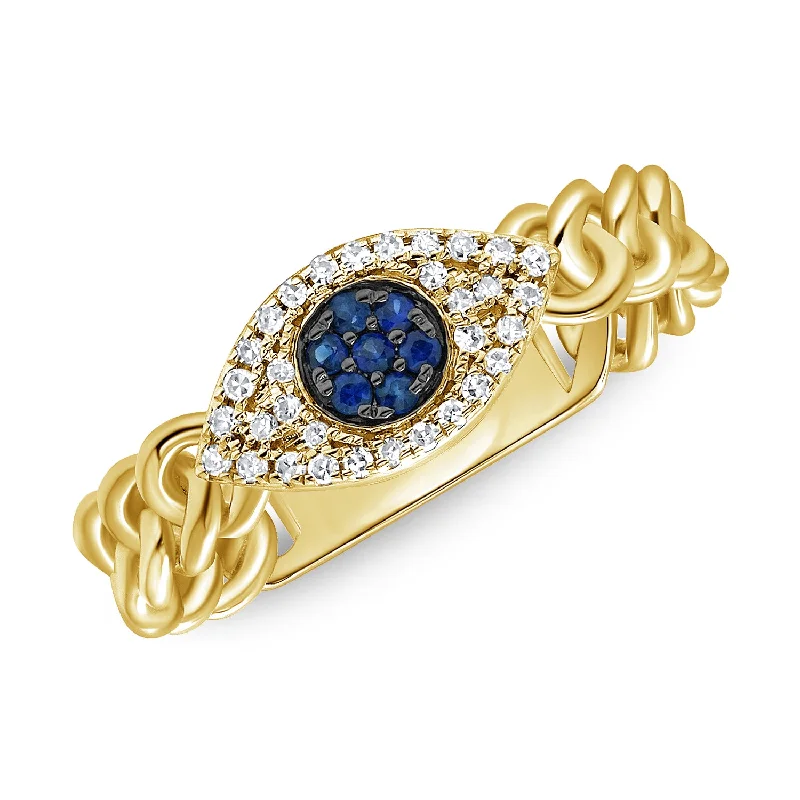 Silver Plated Rings-Elegant Evil Eye Chain Ring with Sapphires & Diamonds