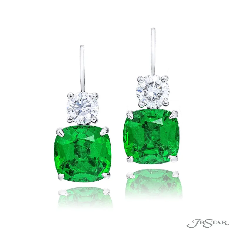 Chic Earrings-Vivid Green Cushion Emerald and Diamond Drop Earrings