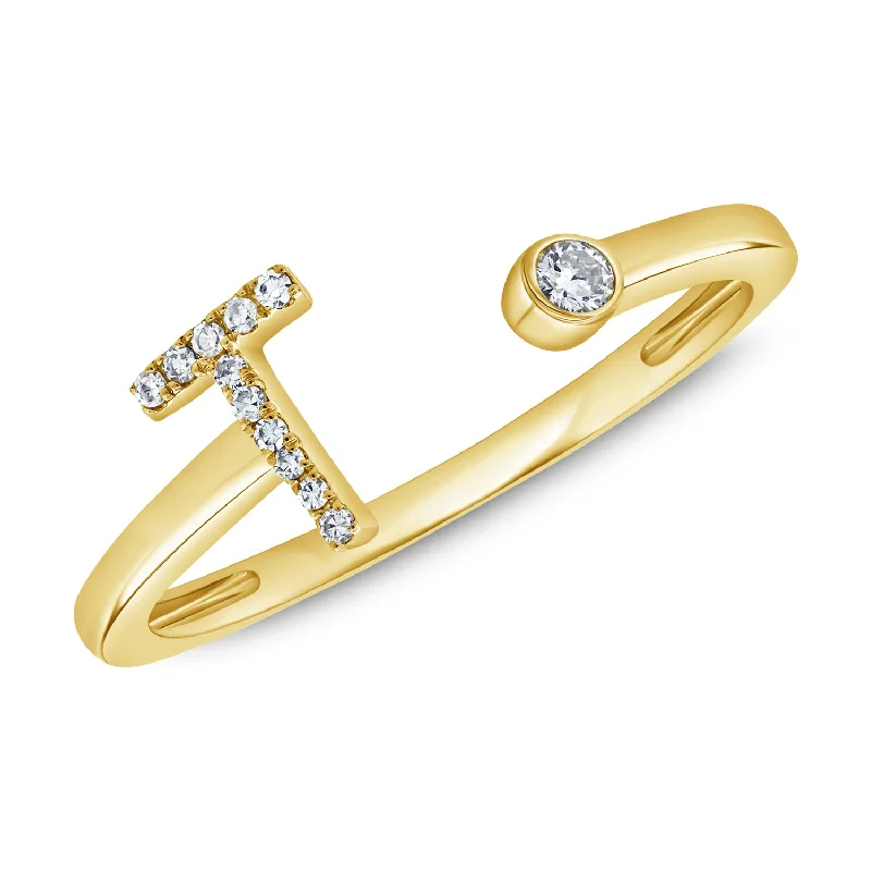 Rose Gold Rings-Elegant Diamond "T" Initial Open Ring in 14K Gold