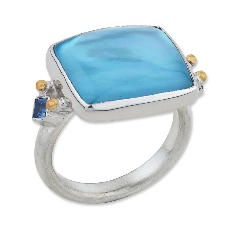 Thin Gold Rings-Lika Behar "Kami" Ring with Blue Topaz Mother Pearl Doublet & Sapphires Silver