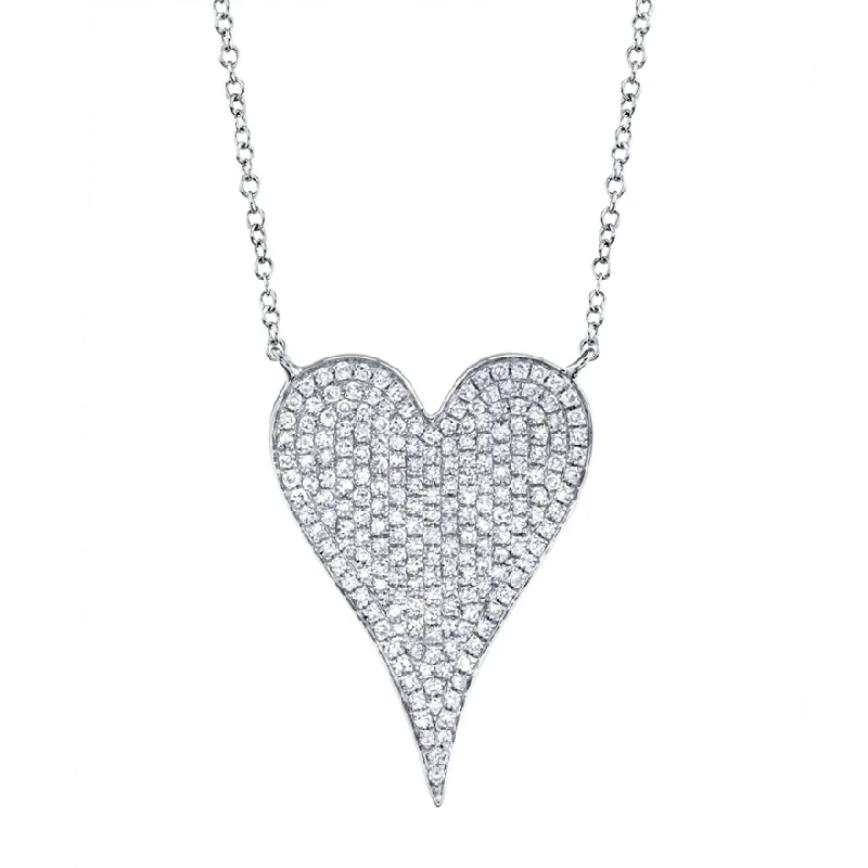 Chunky Silver Necklaces-14K White Gold Diamond Heart Necklace (Large)