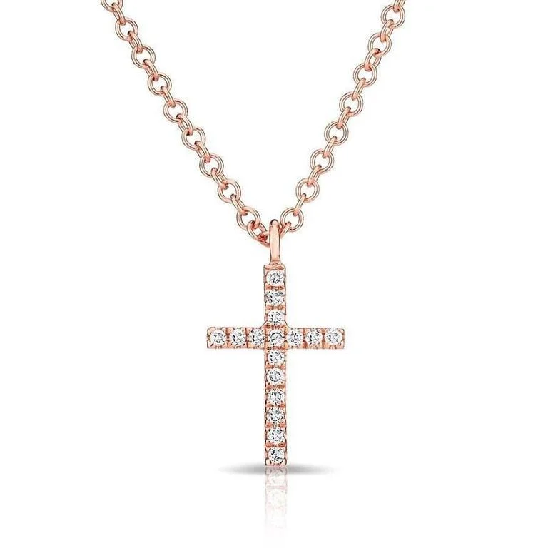 Wedding Necklaces-14K Rose Gold Petite Diamond Cross Necklace