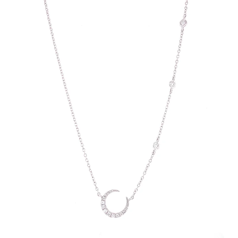 Modern Necklaces-14K White Gold Diamond Crescent Moon + Diamond Bezel Necklace