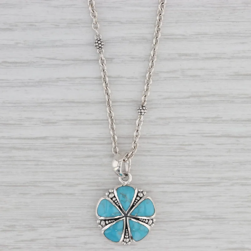 Sterling Silver Pendant Necklaces-New Lagos Caviar Maya Turquoise Flower Pendant Necklace Sterling Silver 17.5"