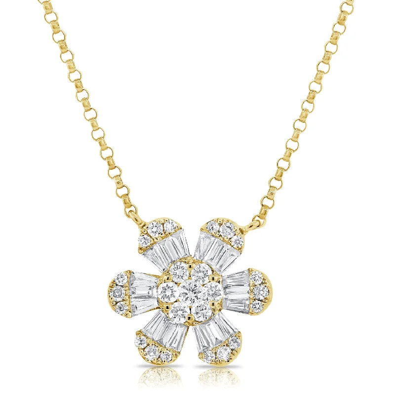 Luxury Necklaces-14K Yellow Gold Baguette Diamond Medium Flower Necklace