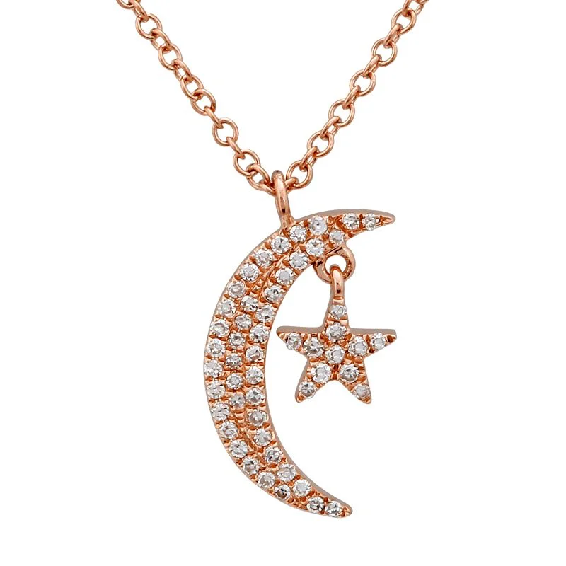 Personalized Necklaces-14K Rose Gold Diamond Mini Moon and Star Necklace