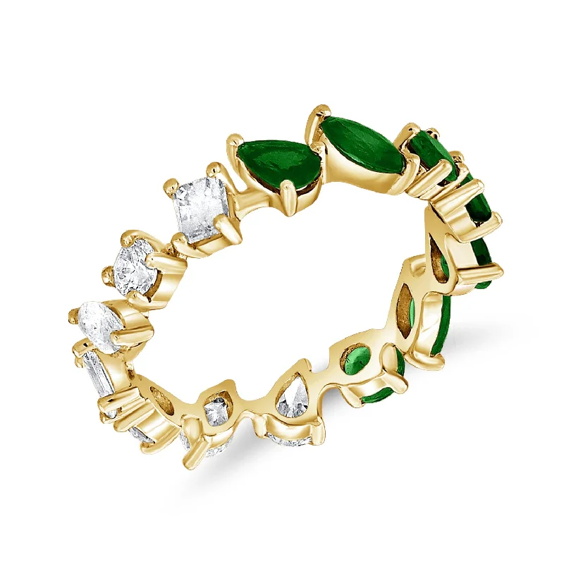 Engagement Rings with Birthstones-Diamond & Emerald Mixed Cut Eternity Ring set in 14kt Gold