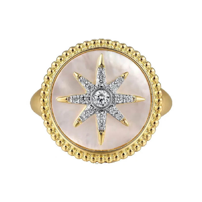 Artistic Rings-Gabriel 14K Yellow Gold Mother of Pearl Inlay and Diamond Starburst Signet Ring