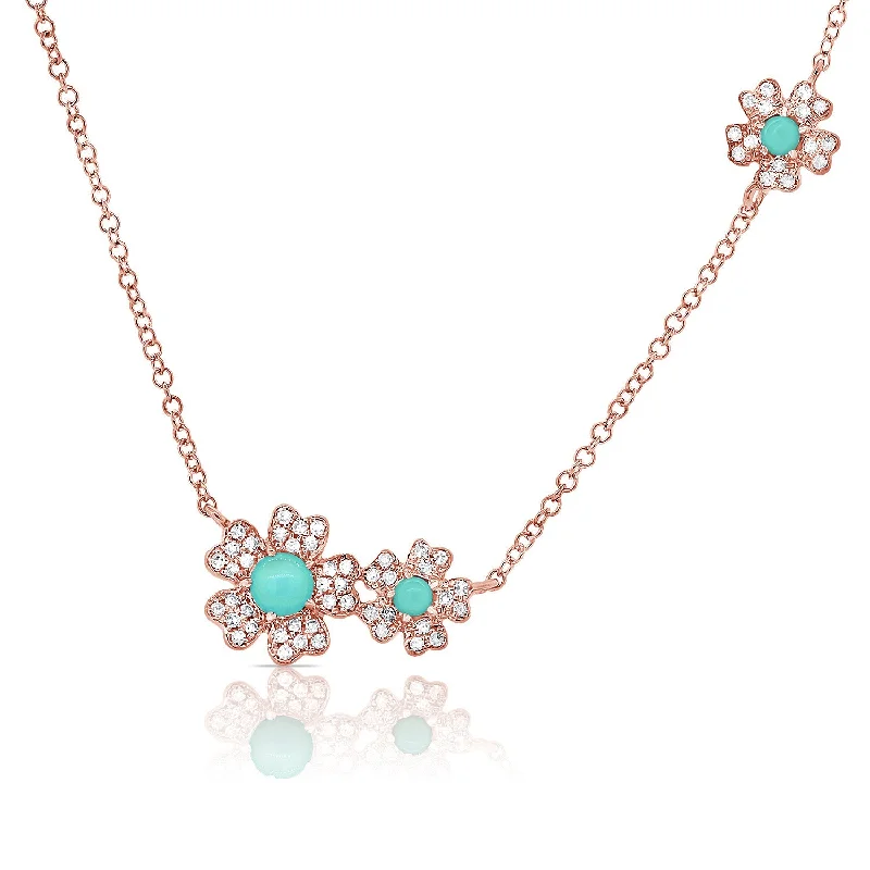 Adjustable Necklaces-14K Rose Gold Diamond + Turquoise Flower Necklace