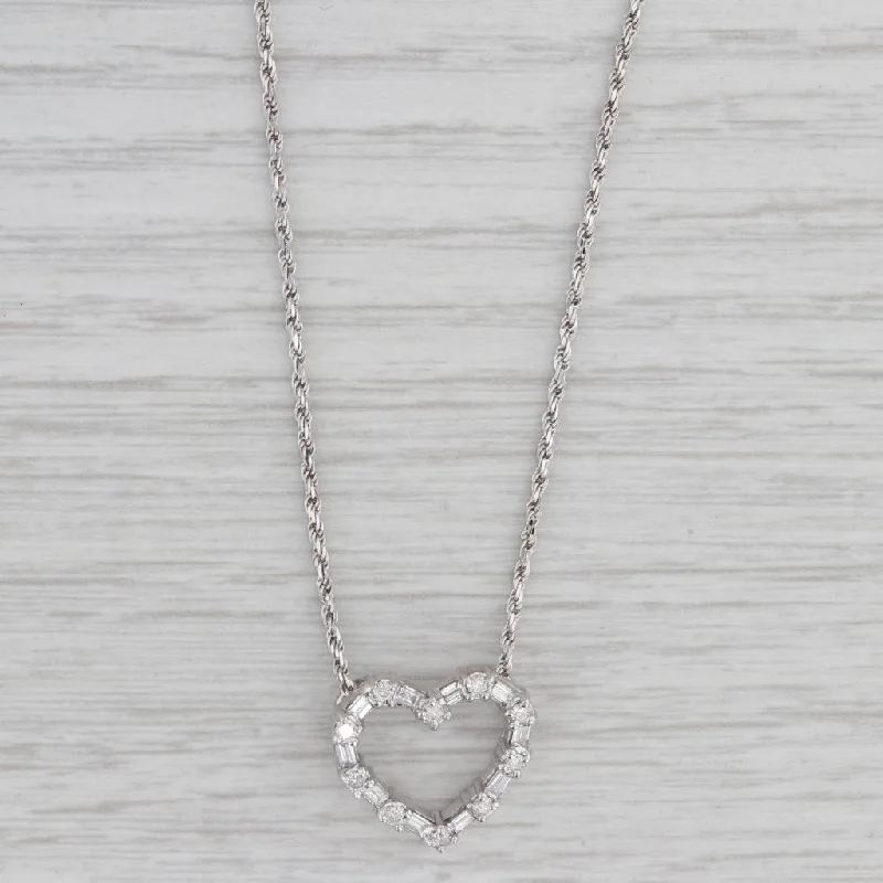 Ethnic Necklaces-0.60ctw Diamond Open Heart Pendant Necklace 14k White Gold 18" Rope Chain