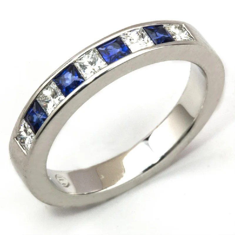 Moissanite Rings-Princess Cut Sapphire & Diamond Channel Set White Gold Wedding Band Ring 18K