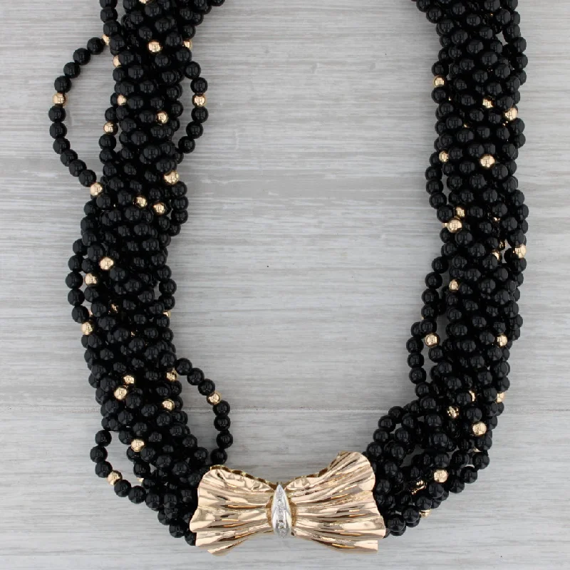 Swarovski Necklaces-Woven Onyx Bead Statement Necklace Diamond Bow Pendant Brooch 14k Gold 15.5"