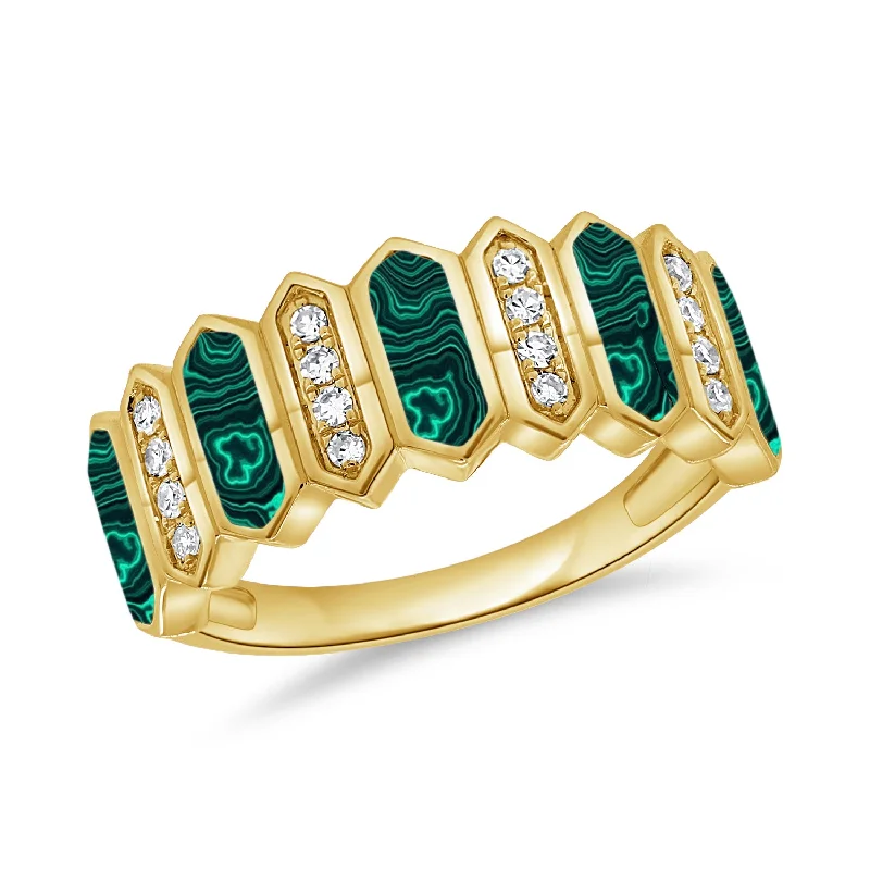 Statement Wedding Bands-Striking Geometric Ring with 1.64 Carats of Malachite and Diamonds