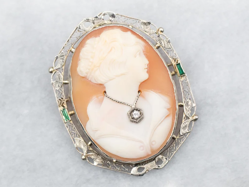 Silver Leaf Brooch-White Gold Cameo, Diamond, and Green Glass Brooch or Pendant