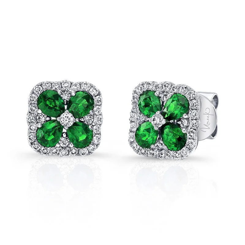 Geometric Earrings-66 0.41ct Round Diamonds and 8 1.09ct Oval Emeralds Earrings in 18K White Gold