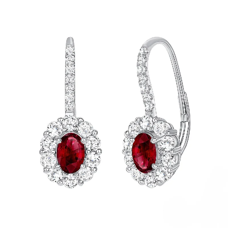 Art Deco Earrings-Oval Ruby Earrings in 18K White Gold