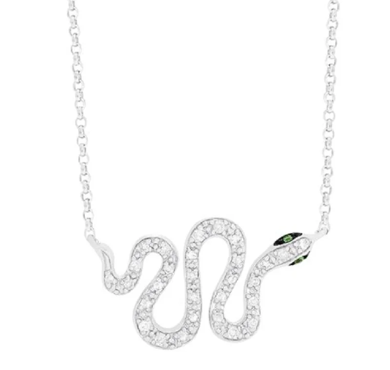 Colored Necklaces-14K White Gold Diamond and Tsavorite Snake Pendant