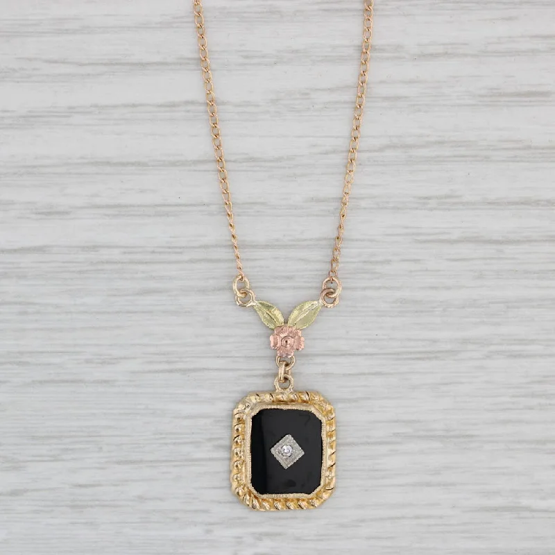 Fine Gold Necklaces-Vintage Onyx Diamond Floral Pendant Necklace 10k Yellow Gold 16.5" Curb Chain