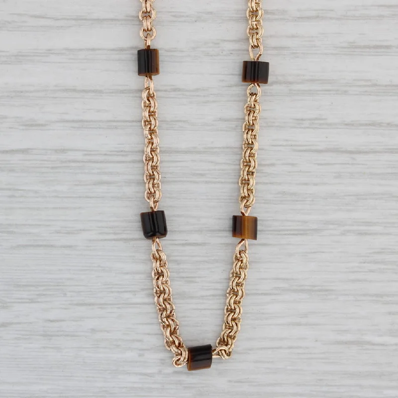 Gold Chain Necklaces-Vintage Tiger's Eye Bead Cable Chain Necklace 14k Yellow Gold 30.5" Long