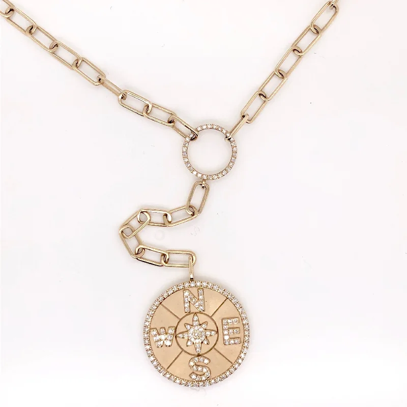 Minimalist Gold Necklaces-14K Yellow Gold Diamond Open Link Compass Necklace