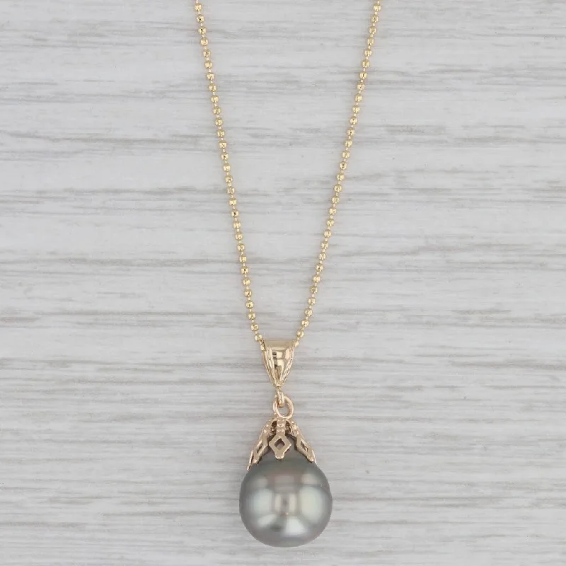 Personalized Charm Necklaces-Black Cultured Pearl Drop Pendant Necklace 10k Yellow Gold Bead Chain 17.5"