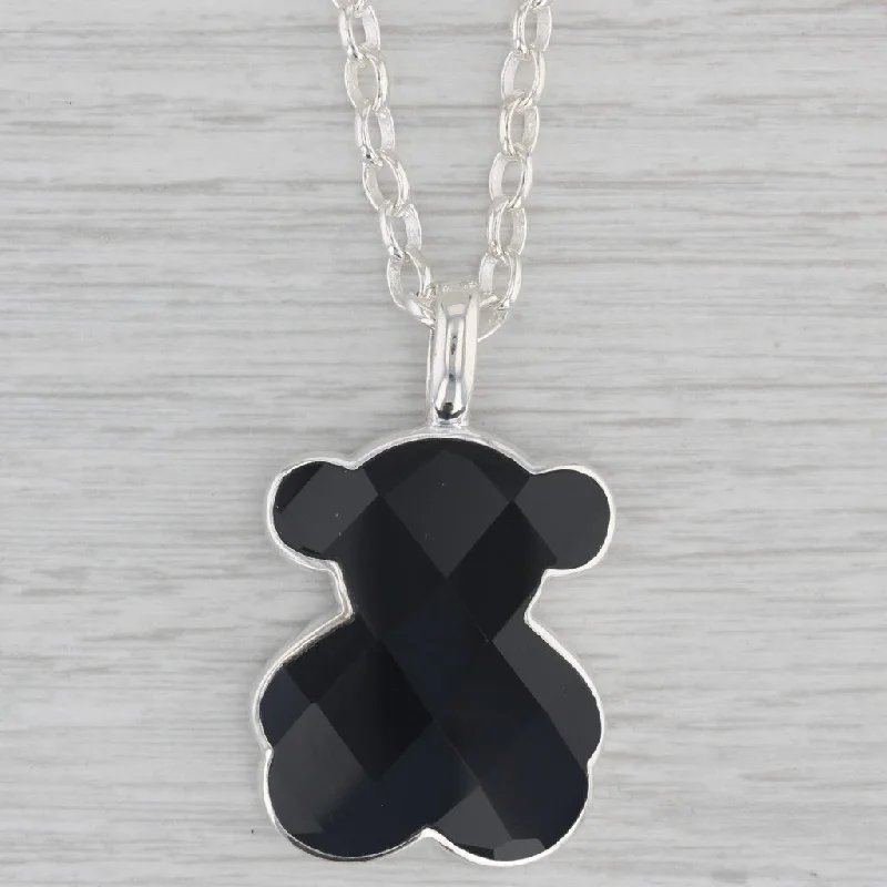 Elegant Silver Necklaces-Tous Onyx Teddy Bear Pendant Necklace Sterling Silver 23.5" Cable Chain