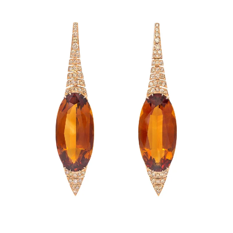 Ethnic Earrings-Citrine and Brown Diamond Drop Earrings