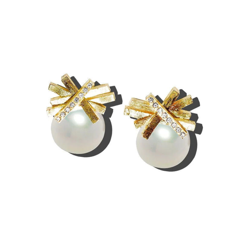 Sterling Silver Earrings-Bar Heights Pearl Earrings with Diamonds