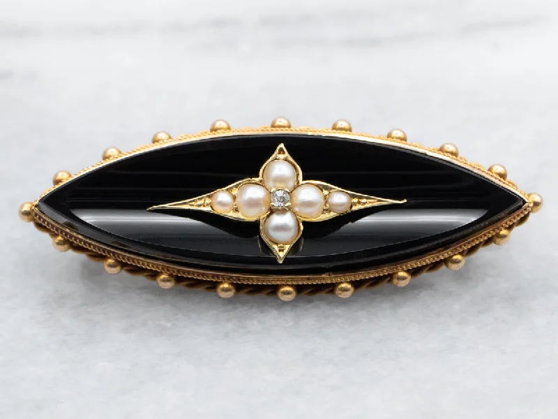 Floral Design Brooch-Black Onyx, Diamond, and Seed Pearl Brooch