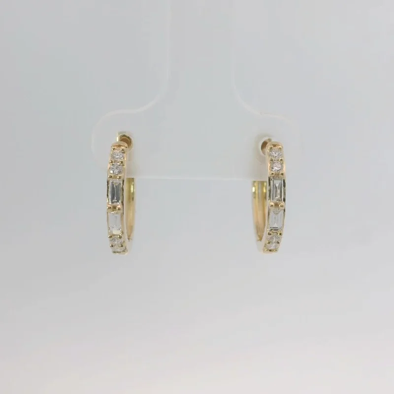 Party Earrings-14K Yellow Gold Round and Baguette Diamond Hoop Earrings