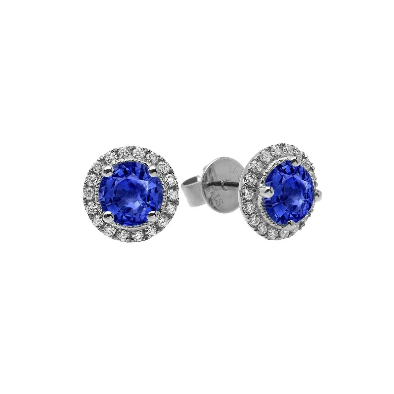 Topaz Earrings-Blue Sapphire 14K White Gold Stud Earrings with Diamonds