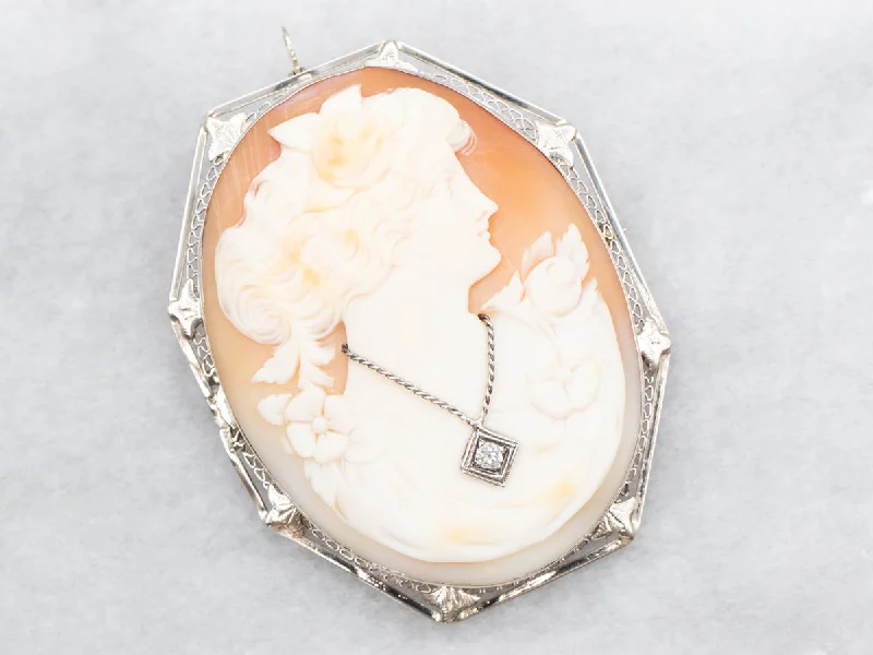 Classic Enamel Brooch-Art Deco Old Mine Cut Diamond Cameo Brooch or Pendant