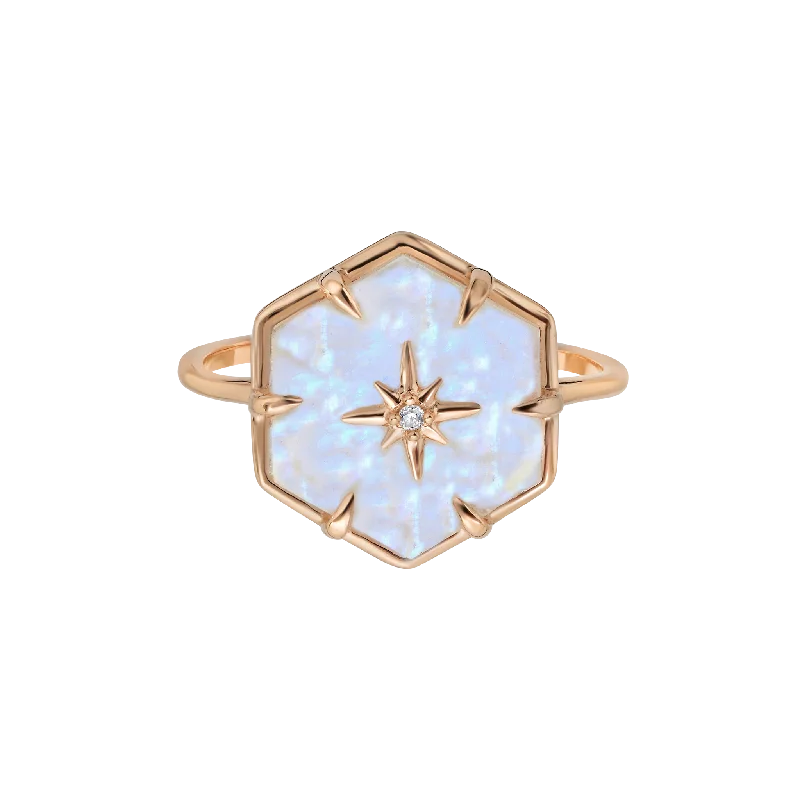 Custom Wedding Bands-Rose Gold Star Studded Rainbow Moonstone Ring