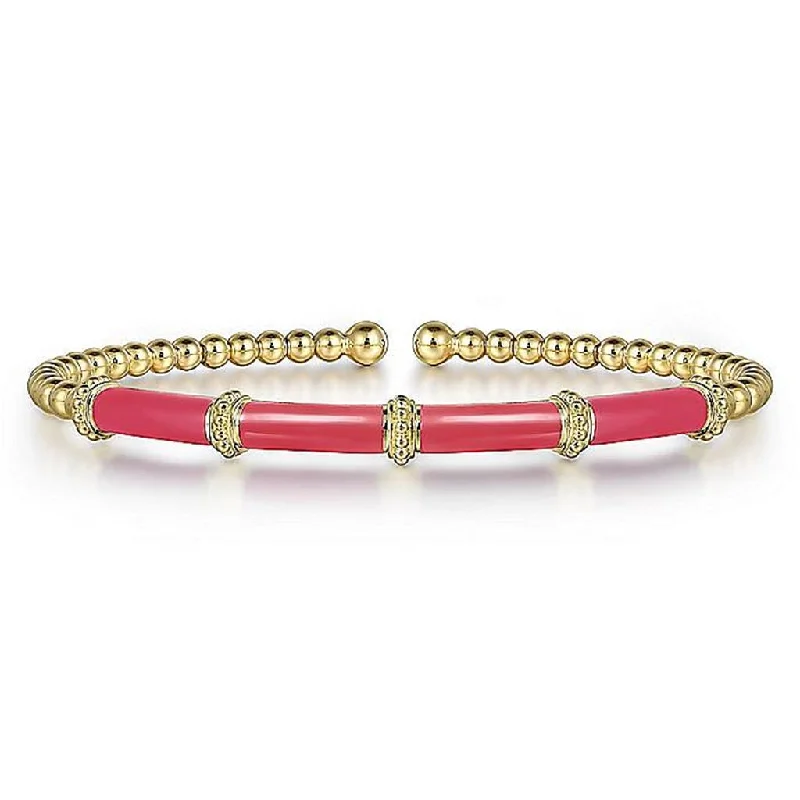 Bangles for Engagement-Gabriel & Co. 14K Yellow Gold Bujukan Beads Split Bangle with Pink Enamel