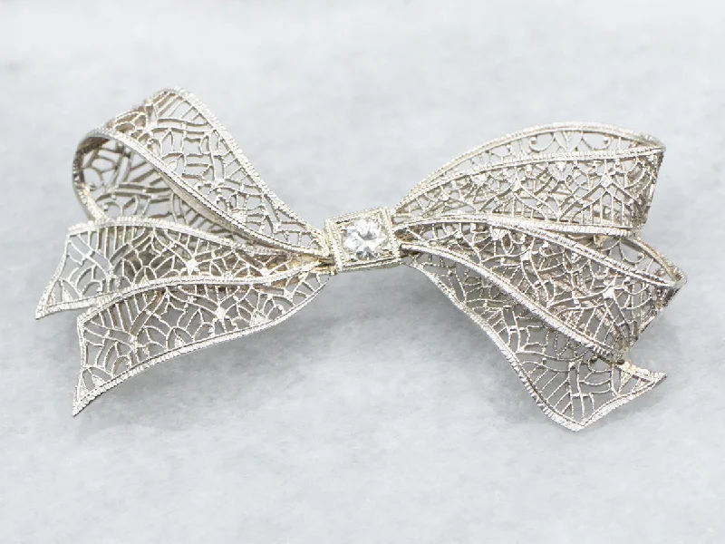 Retro Brooch-European Cut Diamond Filigree Bow Brooch