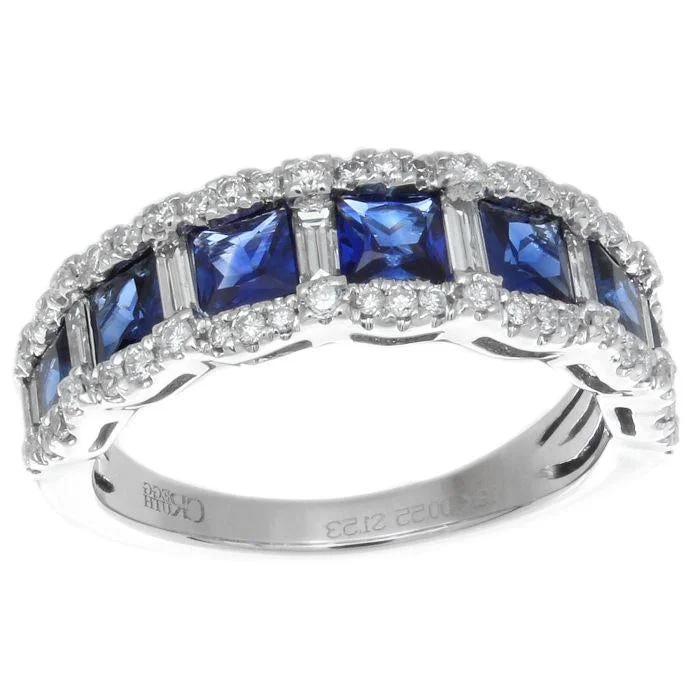 Anniversary Rings-Princess Sapphire & Diamond Scalloped Stackable Ring 18K White Gold