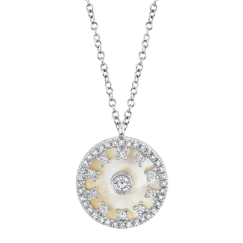 Double Chain Necklaces-14K White Gold Diamond + Mother of Pearl Necklace