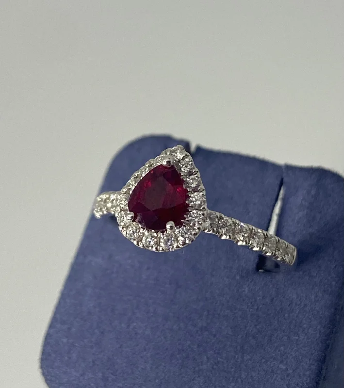 Heart-Shaped Rings-White Gold Pear-Shape Natural Ruby and Diamond Ring