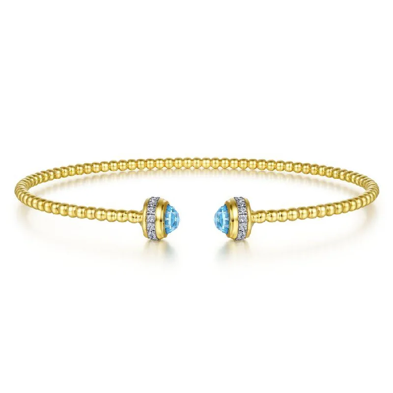 Textured Bangles-Gabriel & Co. - BG4619-62Y45BT - 14K Yellow Gold Diamond and Blue Topaz Bujukan Open Bangle